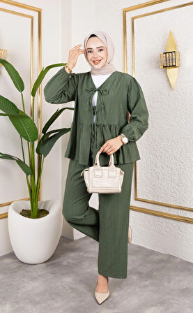 Kadın Bağlamalı Çilek Kumaş Haki İkili Takım