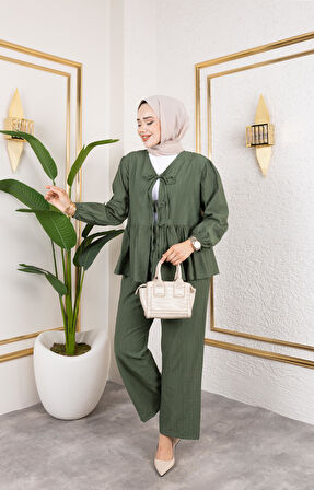 Kadın Bağlamalı Çilek Kumaş Haki İkili Takım