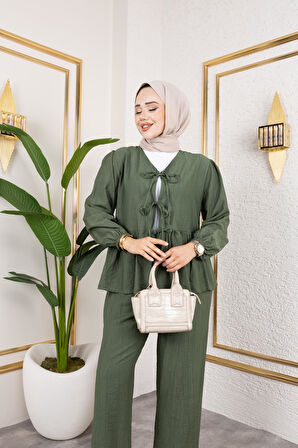 Kadın Bağlamalı Çilek Kumaş Haki İkili Takım