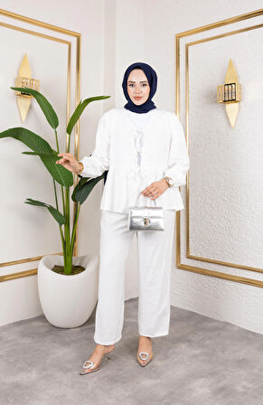 Kadın Bağlamalı Çilek Kumaş Beyaz İkili Takım