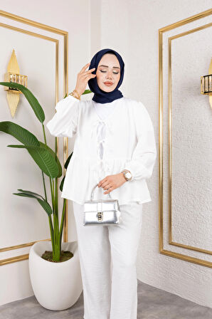 Kadın Bağlamalı Çilek Kumaş Beyaz İkili Takım