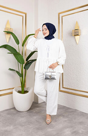 Kadın Bağlamalı Çilek Kumaş Beyaz İkili Takım