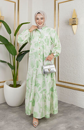 Kadın Düğmeli Yaprak Desenli Yeşil Modal Elbise
