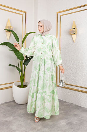 Kadın Düğmeli Yaprak Desenli Yeşil Modal Elbise