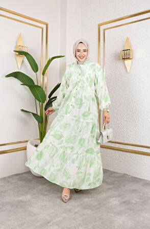 Kadın Düğmeli Yaprak Desenli Yeşil Modal Elbise
