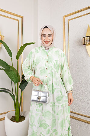 Kadın Düğmeli Yaprak Desenli Yeşil Modal Elbise