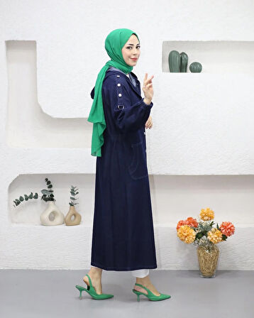 Kadın Cepli Düğmeli Lacivert Kot Kap