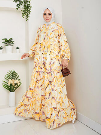 Kadın Düğmeli Desenli Modal Sarı Elbise