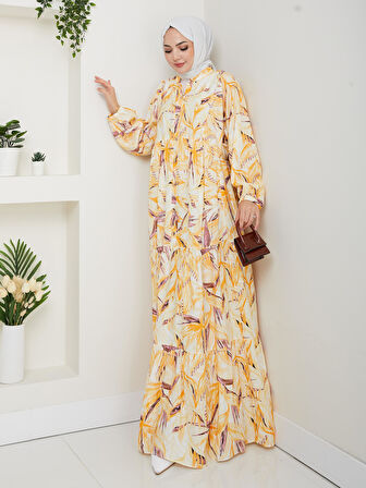 Kadın Düğmeli Desenli Modal Sarı Elbise