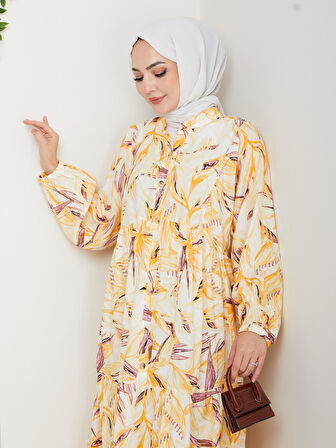 Kadın Düğmeli Desenli Modal Sarı Elbise