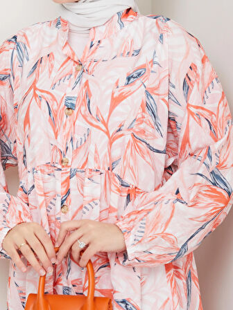 Kadın Düğmeli Desenli Modal Fuşya Elbise