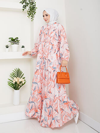 Kadın Düğmeli Desenli Modal Fuşya Elbise