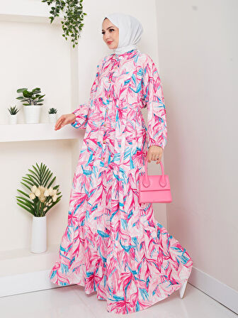 Kadın Düğmeli Desenli Modal Kırmızı Elbise