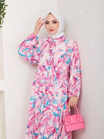 Kadın Düğmeli Desenli Modal Kırmızı Elbise