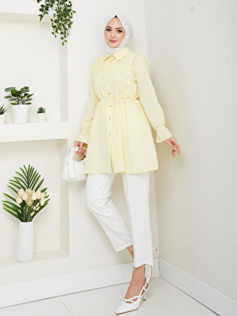 Kadın Düğmeli Bağcık Detaylı Sarı Gömlek