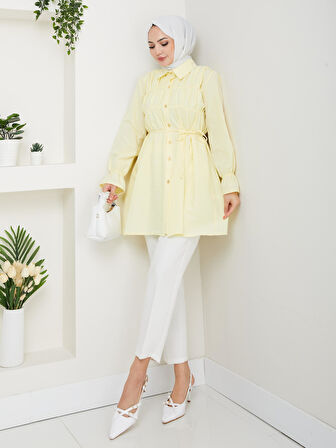 Kadın Düğmeli Bağcık Detaylı Sarı Gömlek