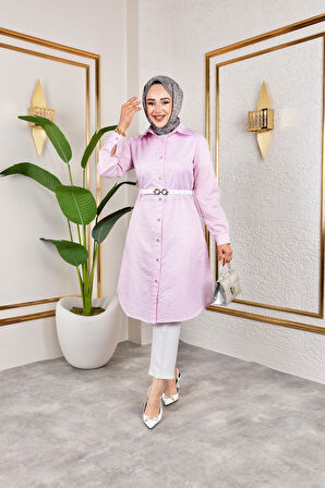 Kemerli Çizgili Keten Gömlek