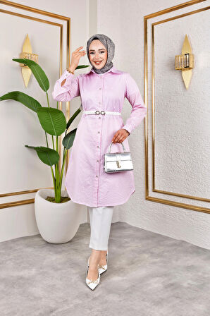 Kemerli Çizgili Keten Gömlek