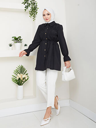 Kadın Düğmeli Bağcık Detaylı Siyah Gömlek