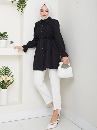 Kadın Düğmeli Bağcık Detaylı Siyah Gömlek