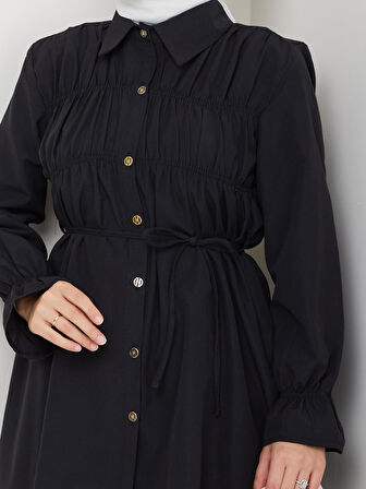 Kadın Düğmeli Bağcık Detaylı Siyah Gömlek