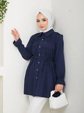 Kadın Düğmeli Bağcık Detaylı Lacivert Gömlek