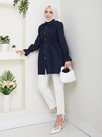 Kadın Düğmeli Bağcık Detaylı Lacivert Gömlek