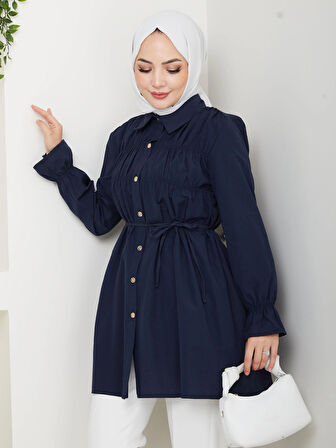 Kadın Düğmeli Bağcık Detaylı Lacivert Gömlek