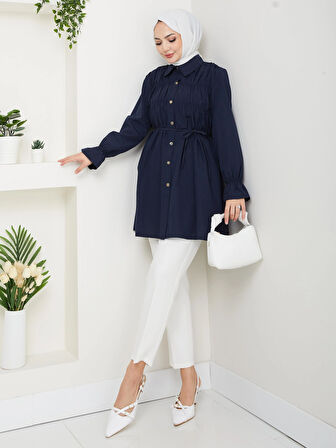 Kadın Düğmeli Bağcık Detaylı Lacivert Gömlek