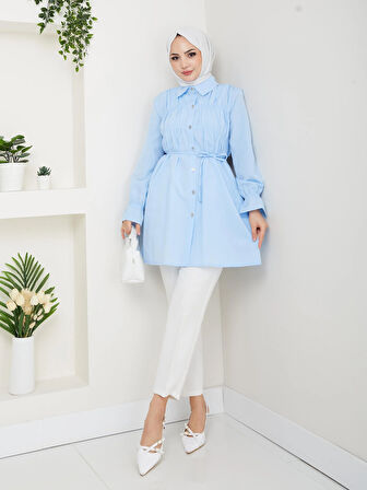 Kadın Düğmeli Bağcık Detaylı Mavi Gömlek