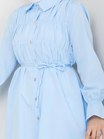 Kadın Düğmeli Bağcık Detaylı Mavi Gömlek