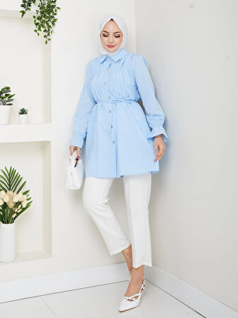 Kadın Düğmeli Bağcık Detaylı Mavi Gömlek