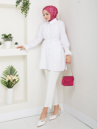 Kadın Düğmeli Bağcık Detaylı Beyaz Gömlek