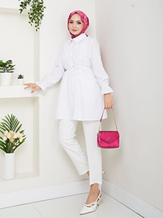 Kadın Düğmeli Bağcık Detaylı Beyaz Gömlek