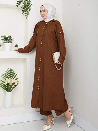Kadın Düğmeli Çilek Kumaş Kahverengi İkili Takım
