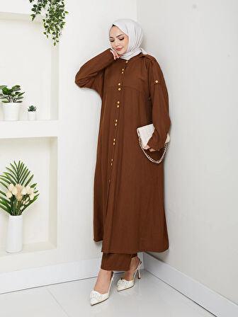 Kadın Düğmeli Çilek Kumaş Kahverengi İkili Takım