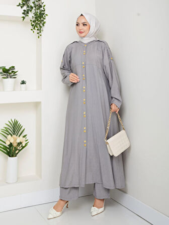 Kadın Düğmeli Çilek Kumaş Gri İkili Takım