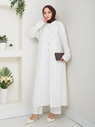 Kadın Düğmeli Çilek Kumaş Beyaz İkili Takım