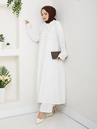 Kadın Düğmeli Çilek Kumaş Beyaz İkili Takım