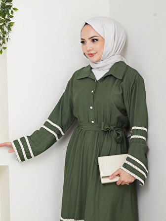 Kadın Çilek Kumaş Şerit Detaylı Kuşaklı Haki Elbise 