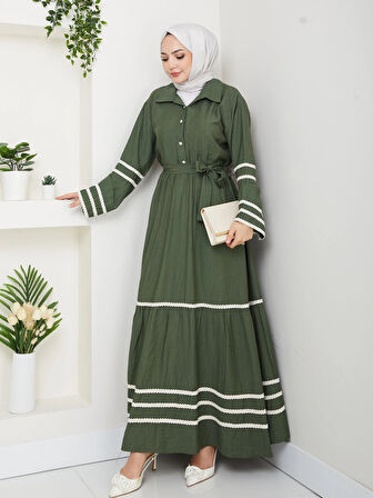 Kadın Çilek Kumaş Şerit Detaylı Kuşaklı Haki Elbise 