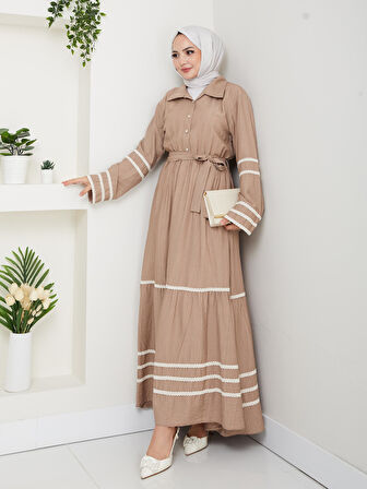 Kadın Çilek Kumaş Şerit Detaylı Kuşaklı Vizon Elbise 