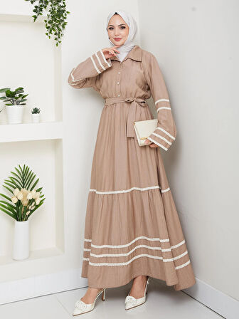 Kadın Çilek Kumaş Şerit Detaylı Kuşaklı Vizon Elbise 