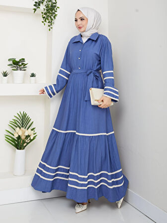 Kadın Çilek Kumaş Şerit Detaylı Kuşaklı Mavi Elbise 