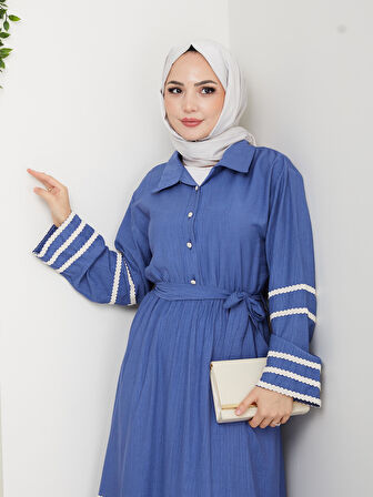 Kadın Çilek Kumaş Şerit Detaylı Kuşaklı Mavi Elbise 