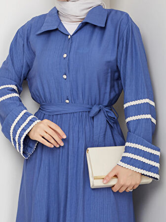 Kadın Çilek Kumaş Şerit Detaylı Kuşaklı Mavi Elbise 