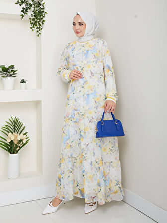 Kadın Desenli Şifon Elbise