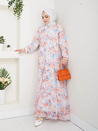 Kadın Desenli Şifon Elbise