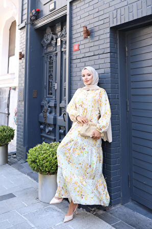 Kadın Rahat Kalıp Düğmeli Desenli Modal Elbise