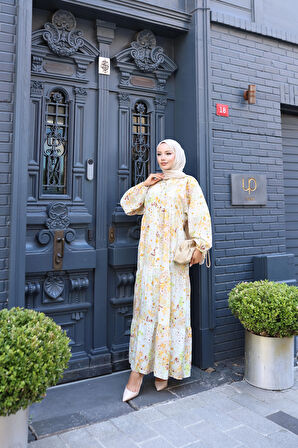 Kadın Rahat Kalıp Düğmeli Desenli Modal Elbise